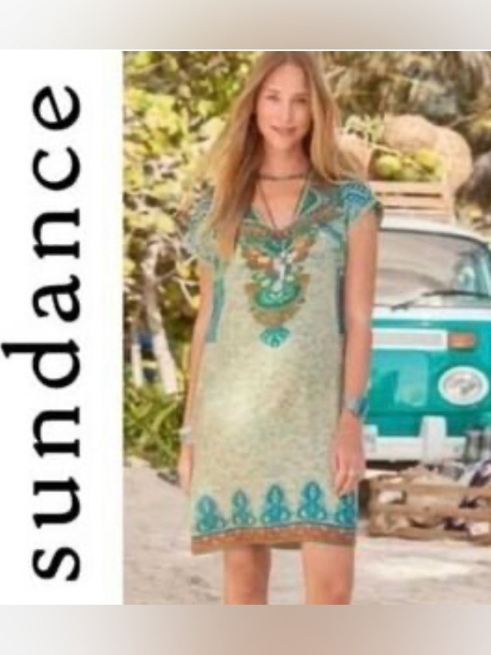 Sundance 100% silk shift dress boho Aztec graphic festival size S southwest